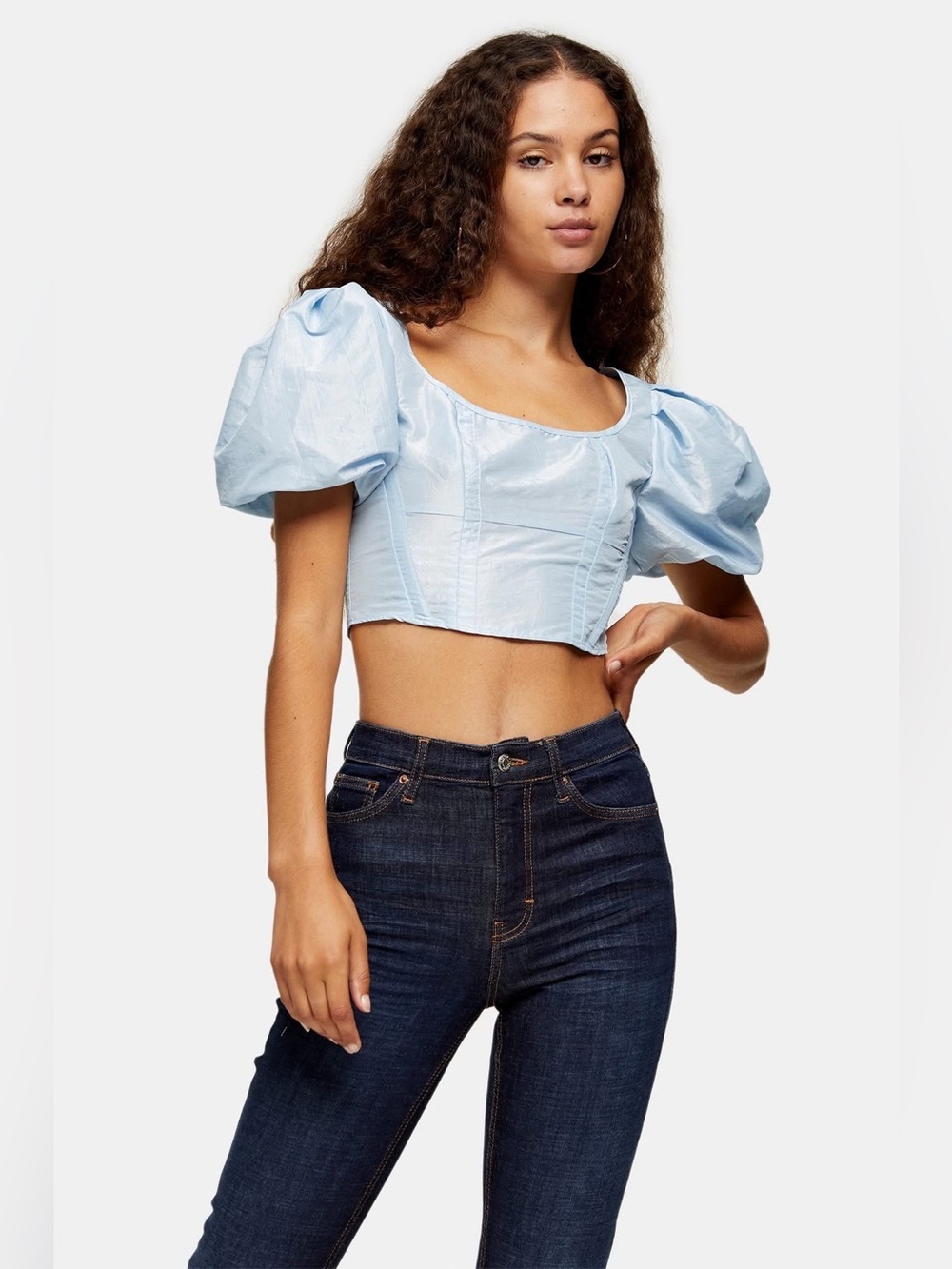 Topshop Satin Prairie Top Puff Sleeve Crop Top As Seen On TV Size US 2